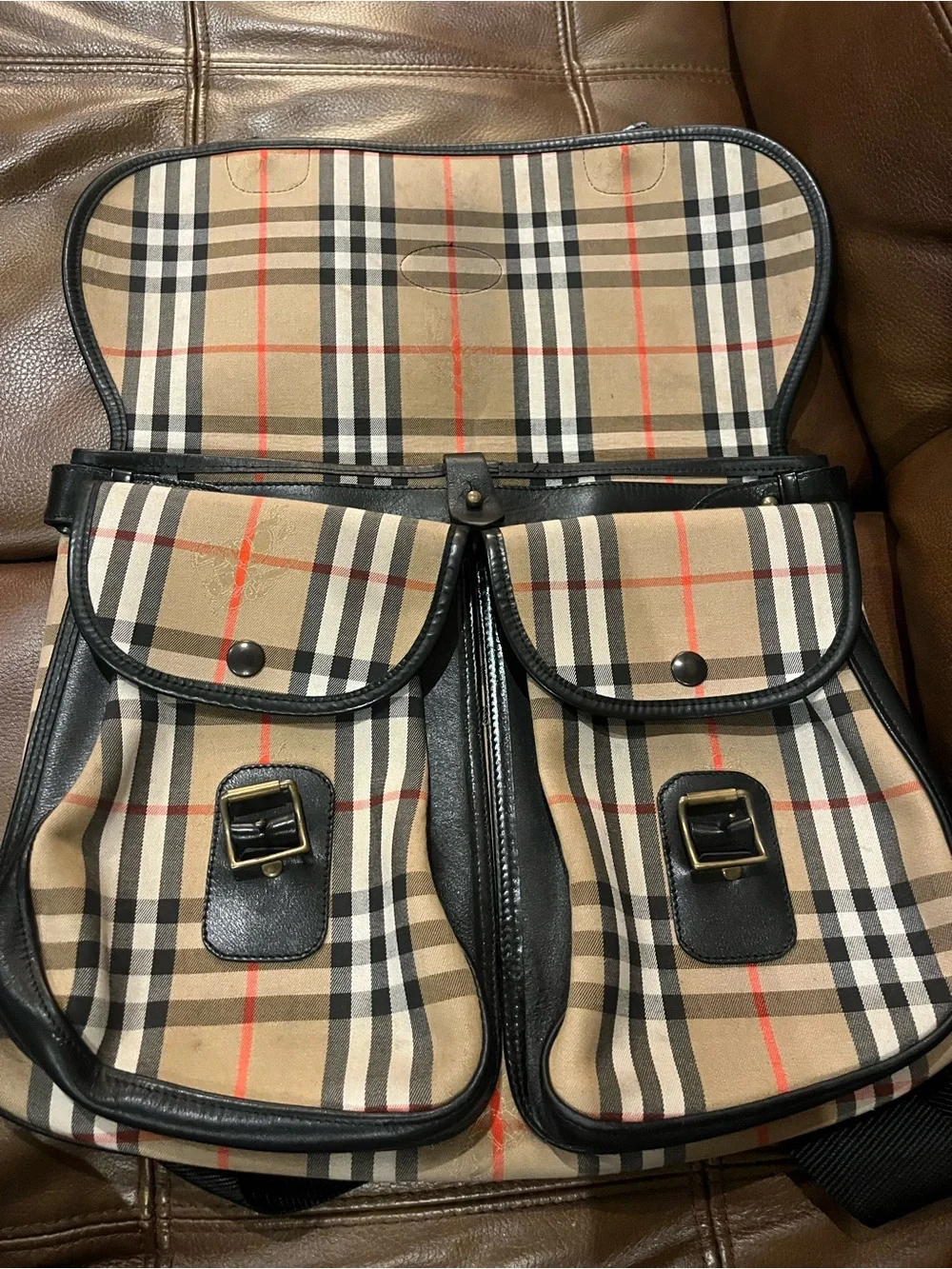 Vintage Burberrys Unisex Classic Plaid Messenger Bag - Beige with Black Trim